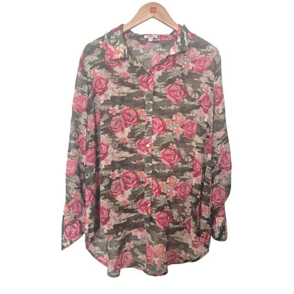 Bongo Camo Floral Print Blouse with 3/4 Roll Tab Sleeves Deadstock Plus Size 2X - Picture 1 of 3